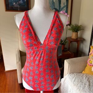 Reyn Spooner One Piece Swimsuit 8 Red Palm Tree Print Hawaiian V Neck $168